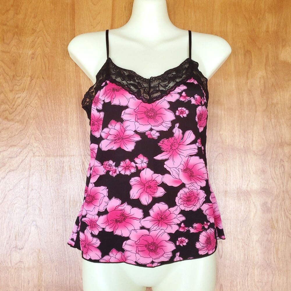 Vintage Studio Y Cami Tank Top Sz M Pink Black Lace Y2K Dark Floral Fairy Grunge